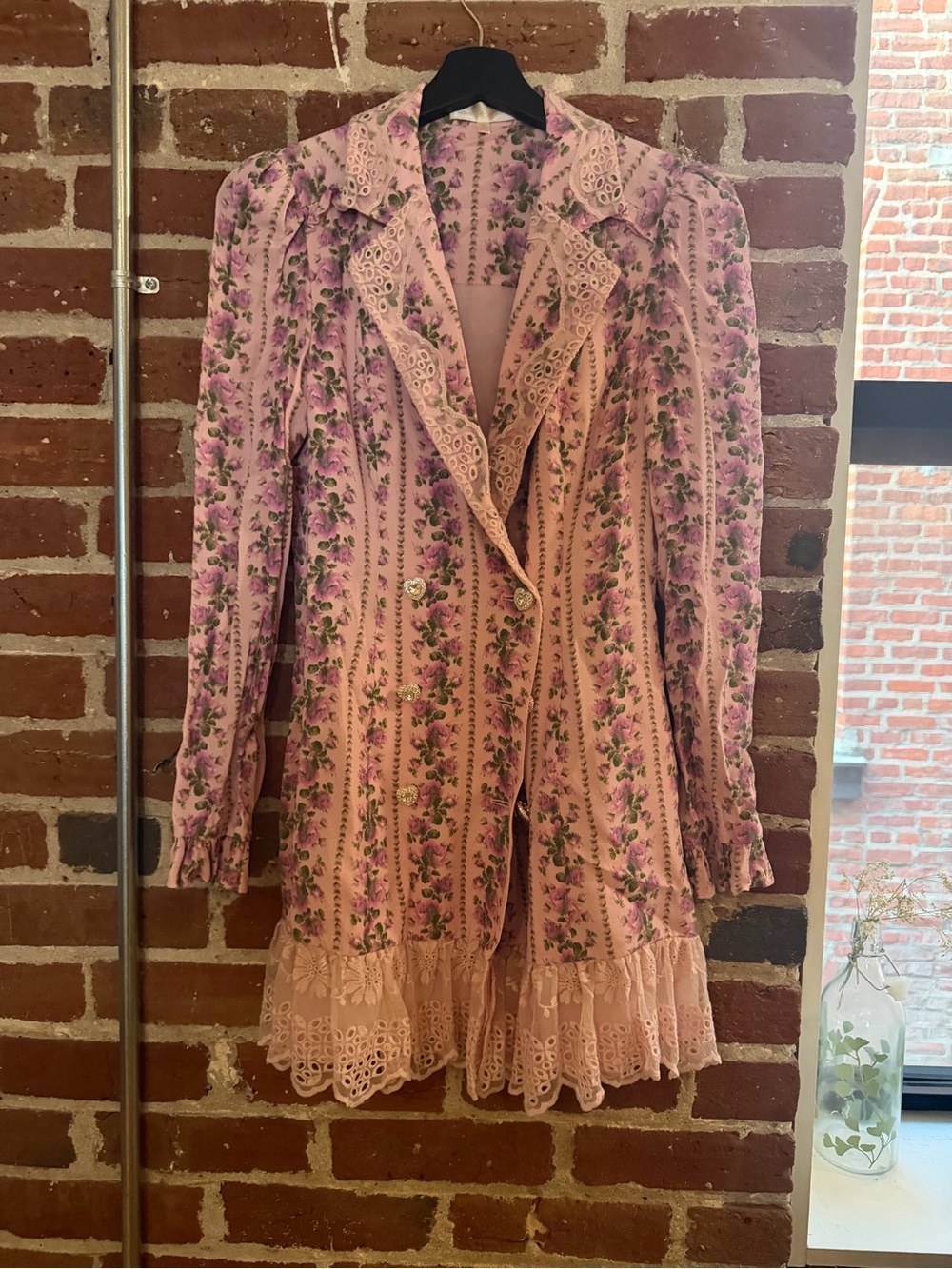 LoveShackFancy Vintage-Inspired Pink Floral Lace Trim Women's Coat